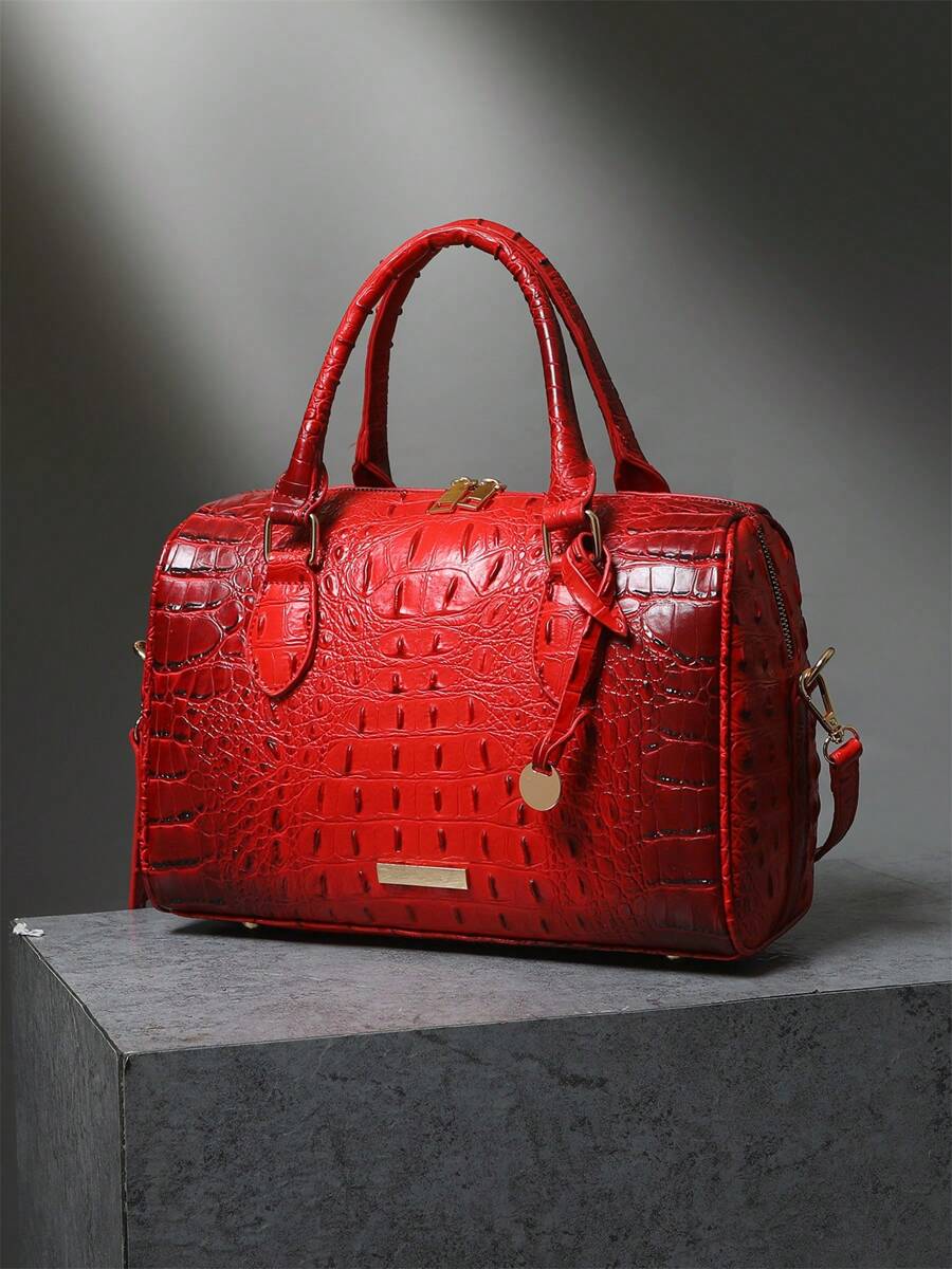 Verbania Croc Embossed Top Handle Boston Bag