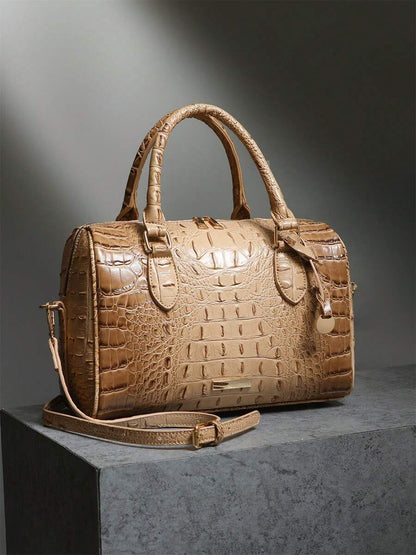 Verbania Croc Embossed Top Handle Boston Bag - Khaki