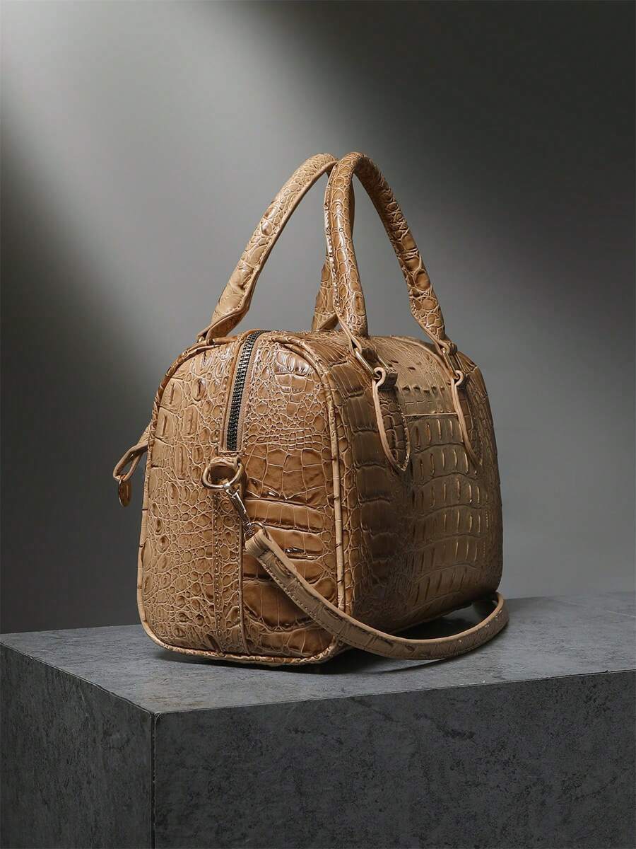 Verbania Croc Embossed Top Handle Boston Bag
