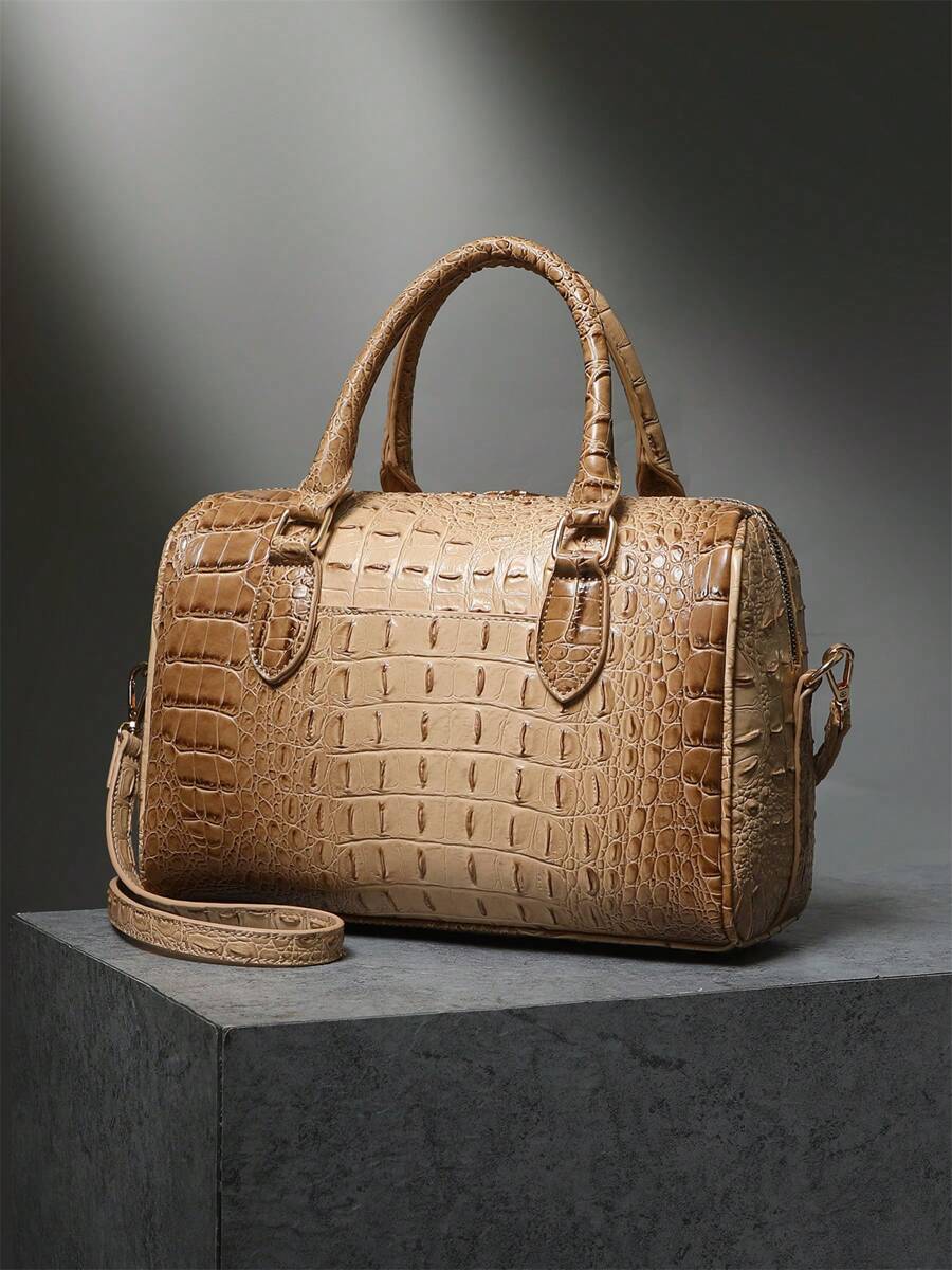 Verbania Croc Embossed Top Handle Boston Bag