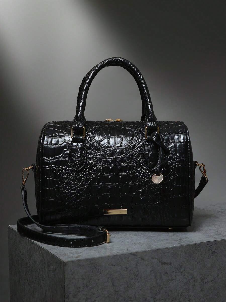 Verbania Croc Embossed Top Handle Boston Bag