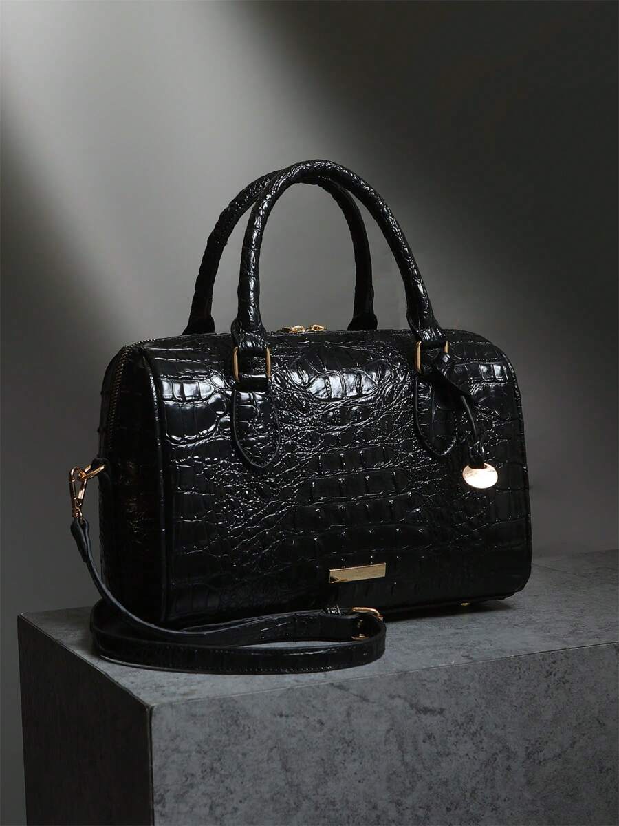Verbania Croc Embossed Top Handle Boston Bag - Black