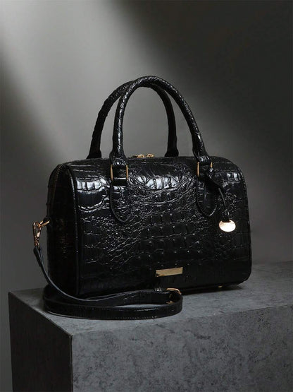 Verbania Croc Embossed Top Handle Boston Bag - Black