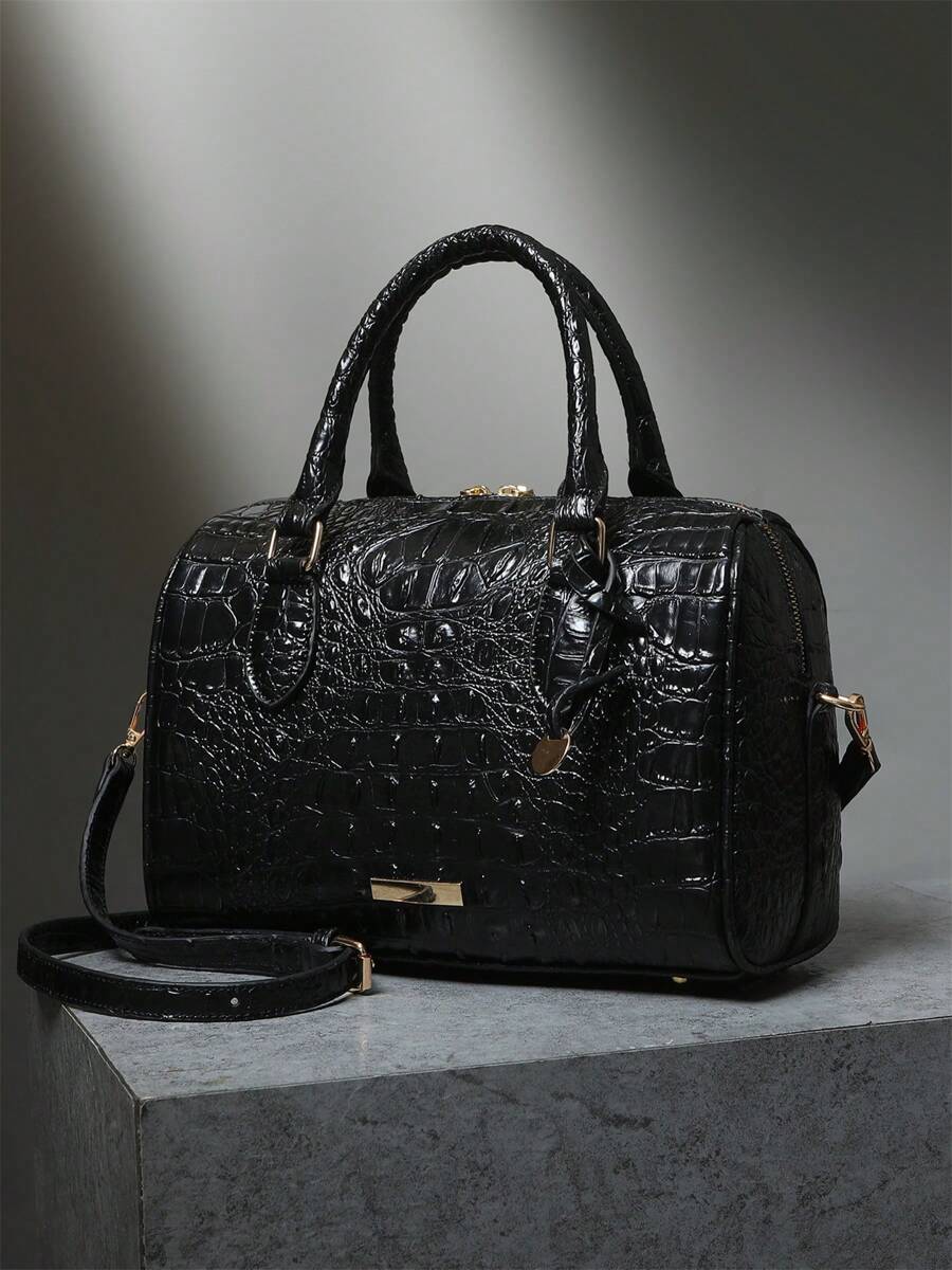 Verbania Croc Embossed Top Handle Boston Bag