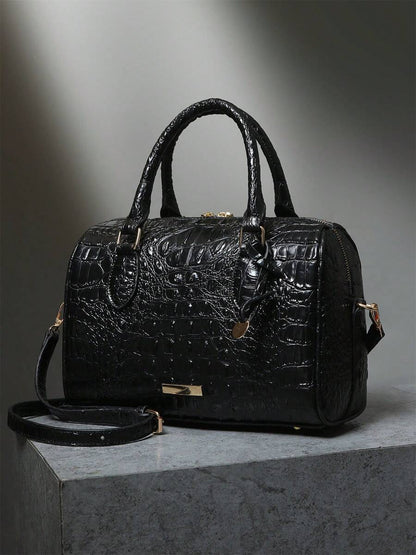 Verbania Croc Embossed Top Handle Boston Bag