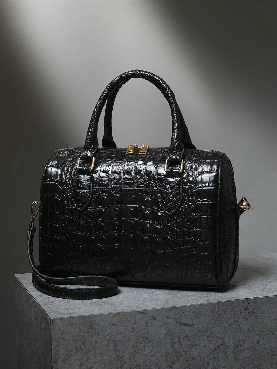 Verbania Croc Embossed Top Handle Boston Bag