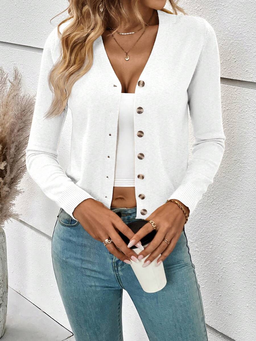 Georgiana Slim Ribbed V-Neck Button Front Knit Cardigan - White