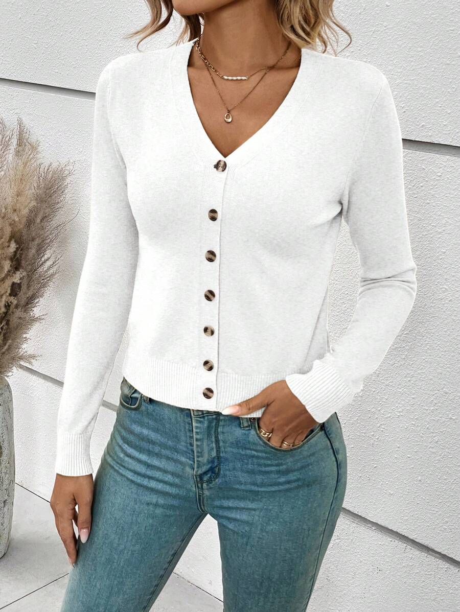 Georgiana Slim Ribbed V-Neck Button Front Knit Cardigan - White