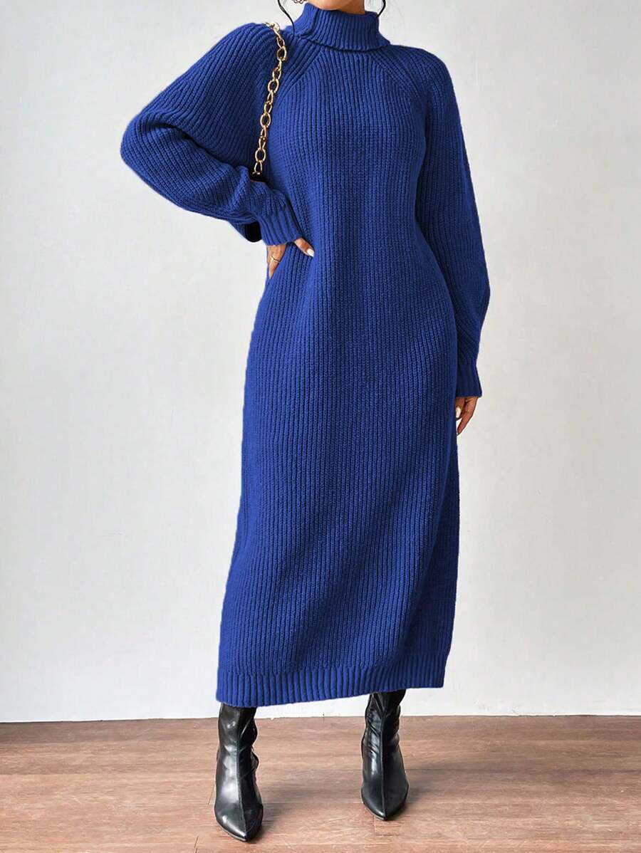 Anya High Neck Raglan Sleeve Sweater Dress - Blue