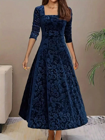 Istanbul Floral Velvet Square Neck A Line Midi Dress