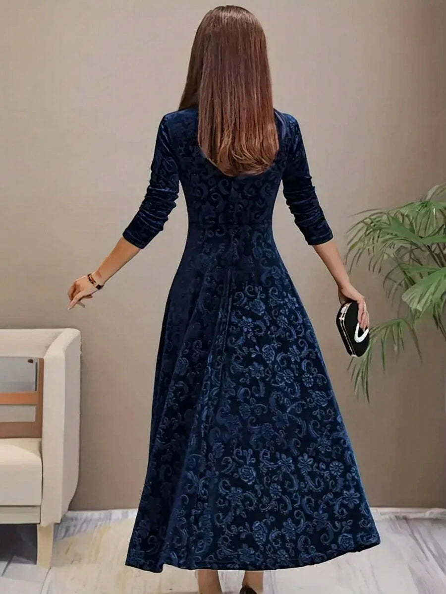 Istanbul Floral Velvet Square Neck A Line Midi Dress
