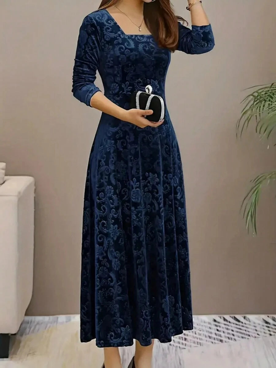 Istanbul Floral Velvet Square Neck A Line Midi Dress