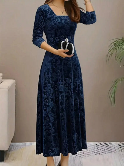 Istanbul Floral Velvet Square Neck A Line Midi Dress