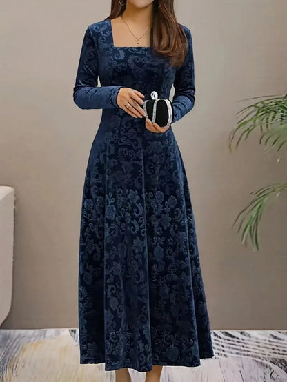 Istanbul Floral Velvet Square Neck A Line Midi Dress