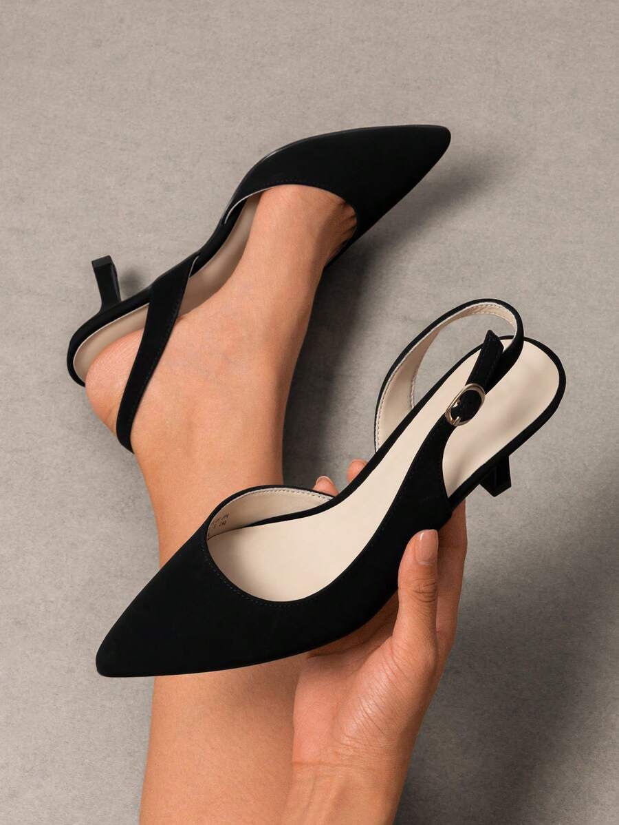 Women's Pointed Toe Slingback Kitten Heel Pumps, 2.36 Inch Buckle Strap Dress Shoes for Work and Wedding Guest
