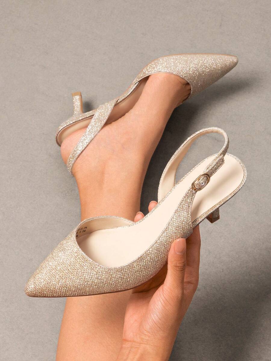 Women's Pointed Toe Slingback Kitten Heel Pumps, 2.36 Inch Buckle Strap Dress Shoes for Work and Wedding Guest - Gold