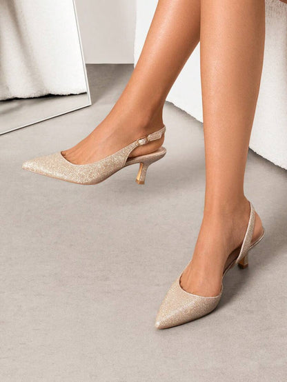 Women's Pointed Toe Slingback Kitten Heel Pumps, 2.36 Inch Buckle Strap Dress Shoes for Work and Wedding Guest