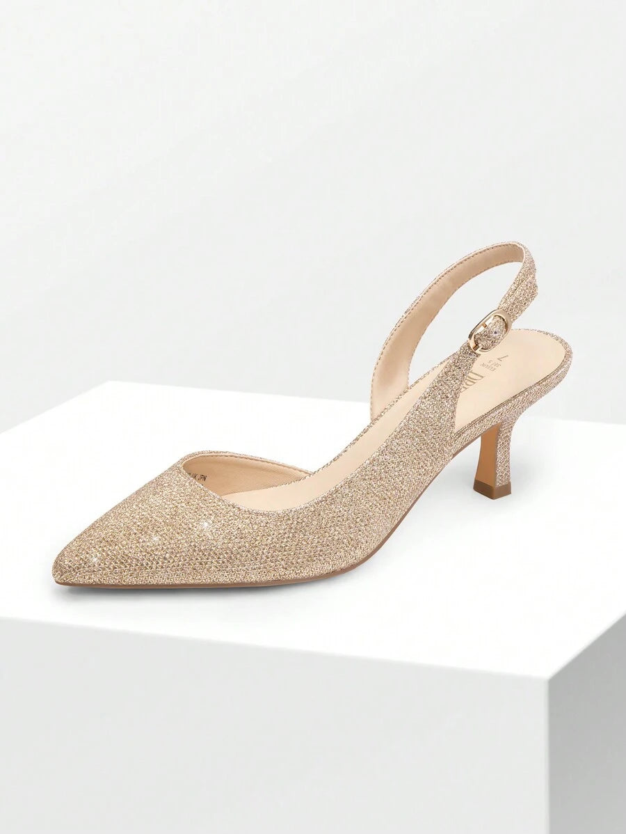 Women's Pointed Toe Slingback Kitten Heel Pumps, 2.36 Inch Buckle Strap Dress Shoes for Work and Wedding Guest