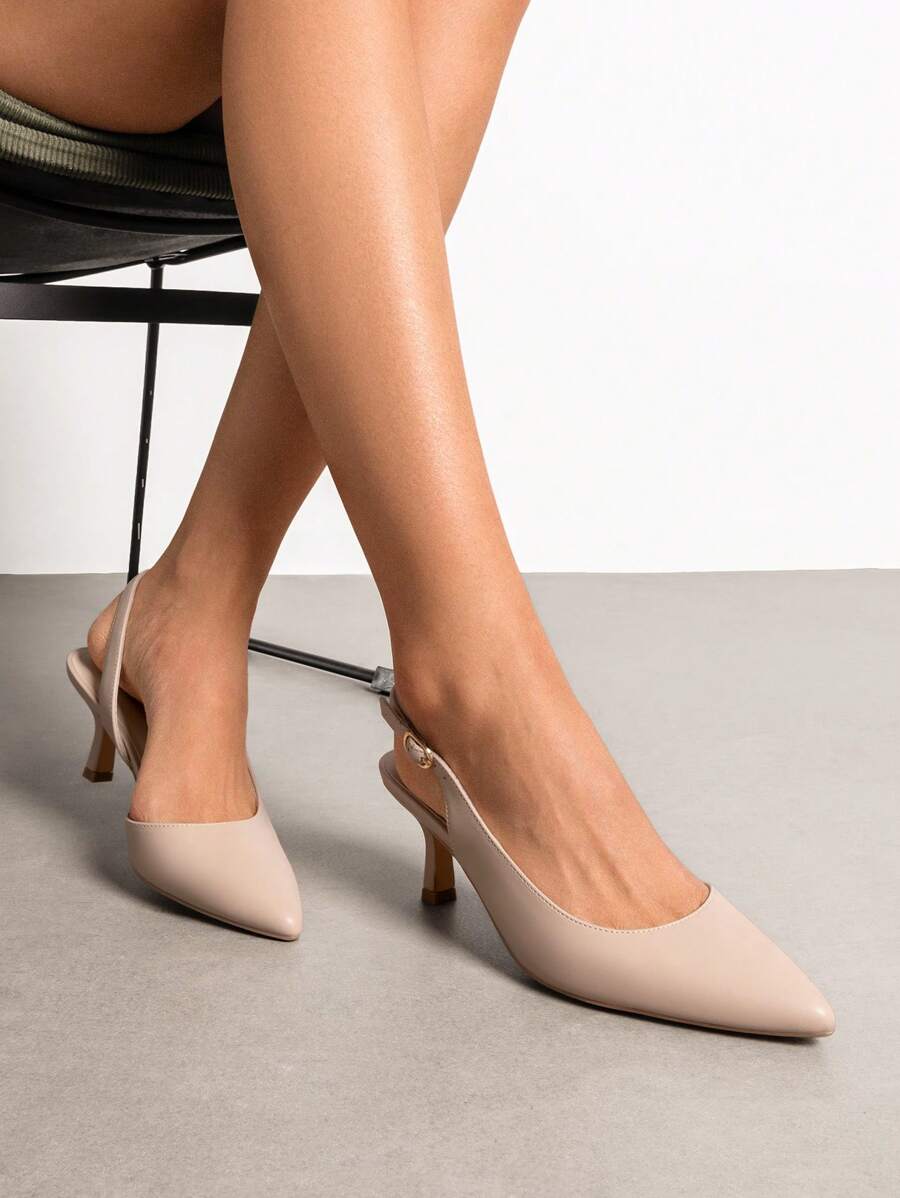 Women's Pointed Toe Slingback Kitten Heel Pumps, 2.36 Inch Buckle Strap Dress Shoes for Work and Wedding Guest