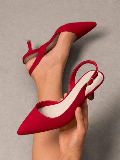 Women's Pointed Toe Slingback Kitten Heel Pumps, 2.36 Inch Buckle Strap Dress Shoes for Work and Wedding Guest - Red