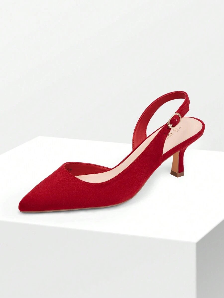 Women's Pointed Toe Slingback Kitten Heel Pumps, 2.36 Inch Buckle Strap Dress Shoes for Work and Wedding Guest