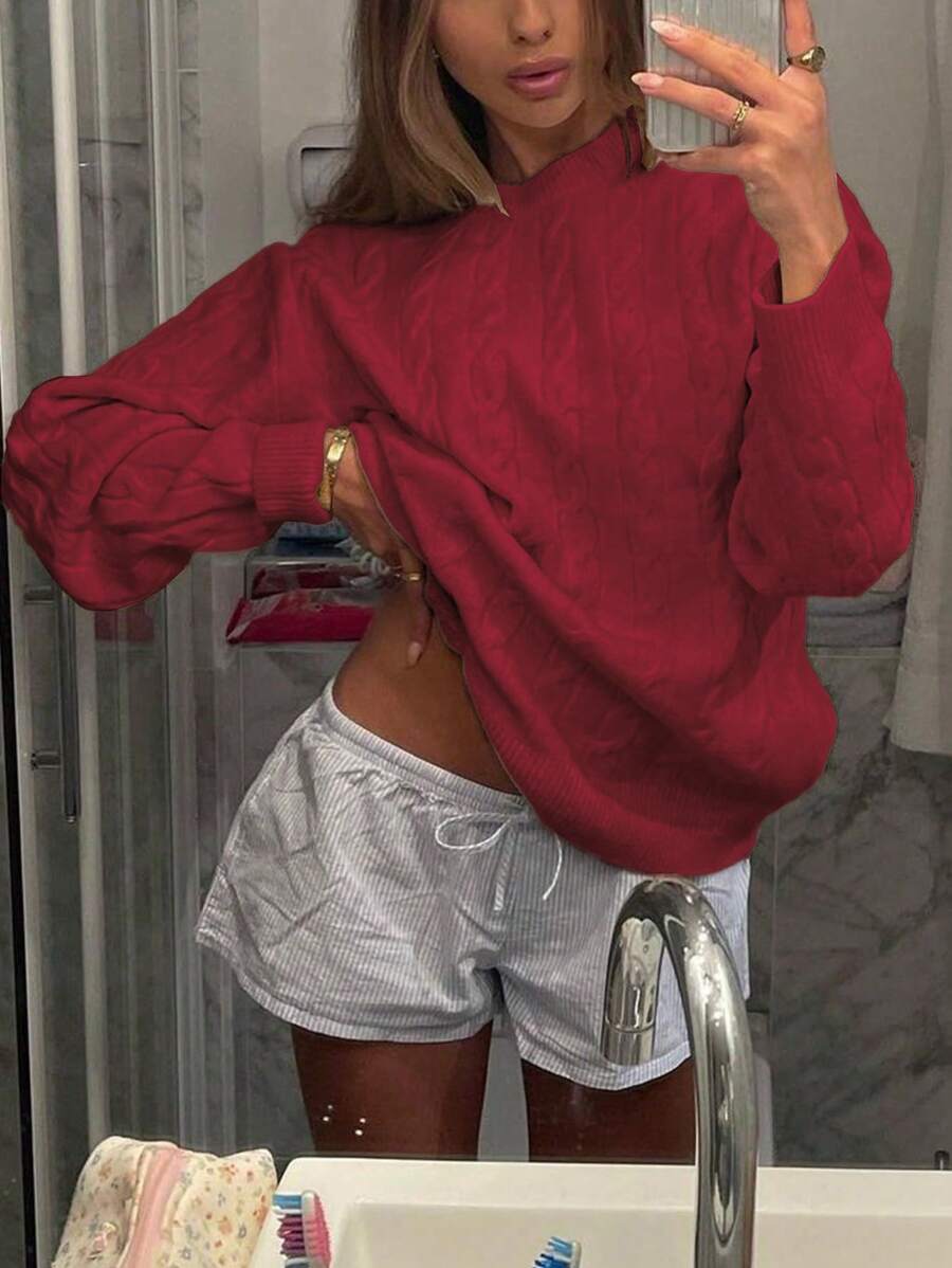 Marlowe Chunky Cable Knit Sweater Loose Crew Neck Pullover - Cherry Red