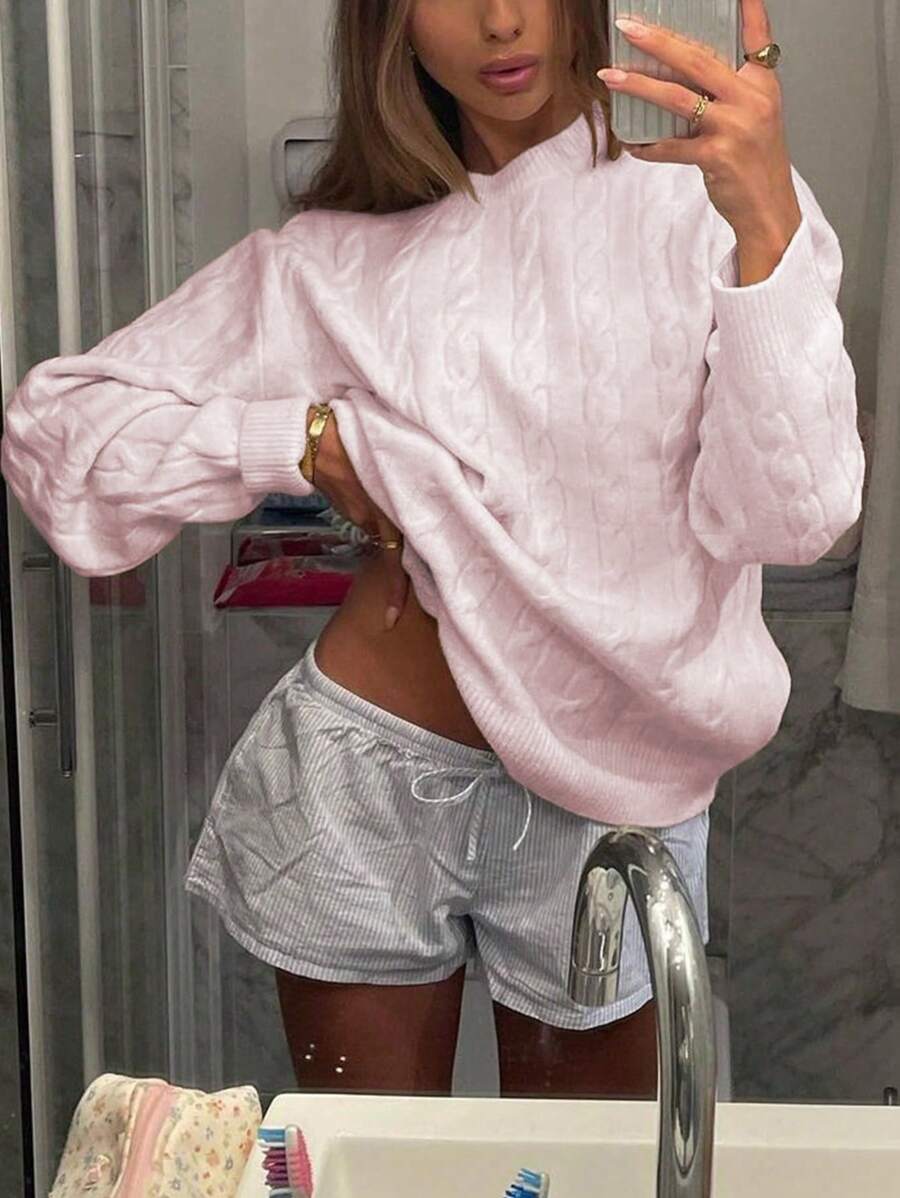 Marlowe Chunky Cable Knit Sweater Loose Crew Neck Pullover - Baby Pink