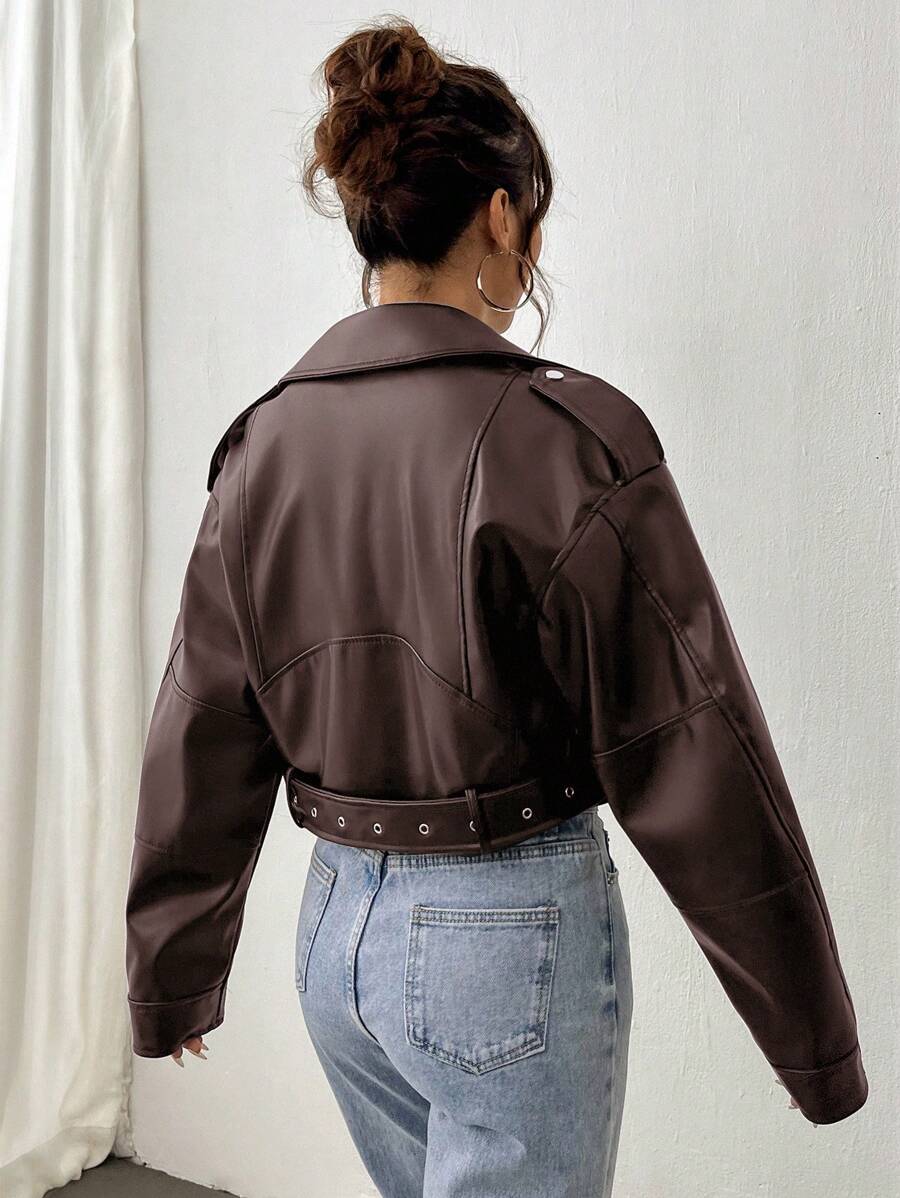 Kamloops Faux Leather Cropped Moto Jacket with Belted Hem