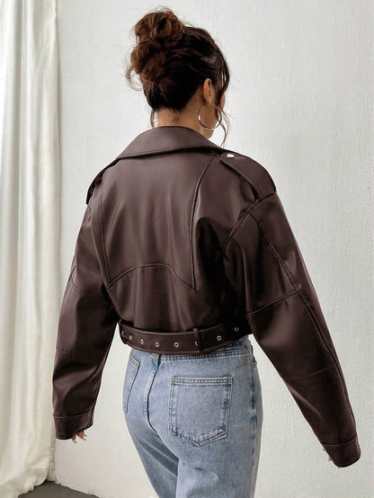 Kamloops Faux Leather Cropped Moto Jacket with Belted Hem