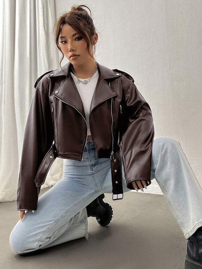 Kamloops Faux Leather Cropped Moto Jacket with Belted Hem