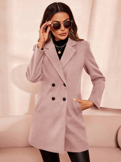 Aveline Double-Breasted Lapel Coat with Tailored Thigh-Length Cut - Khaki