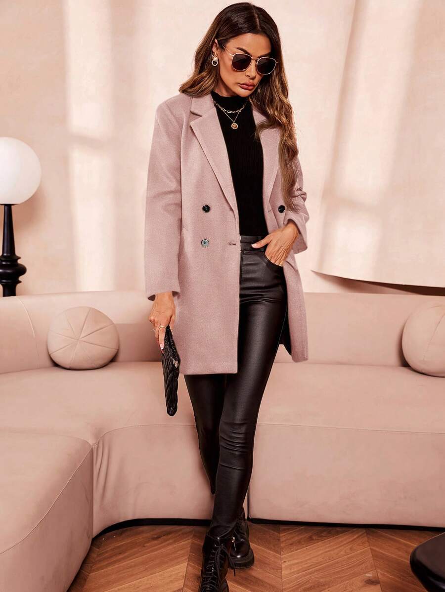 Aveline Double-Breasted Lapel Coat with Tailored Thigh-Length Cut - Apricot