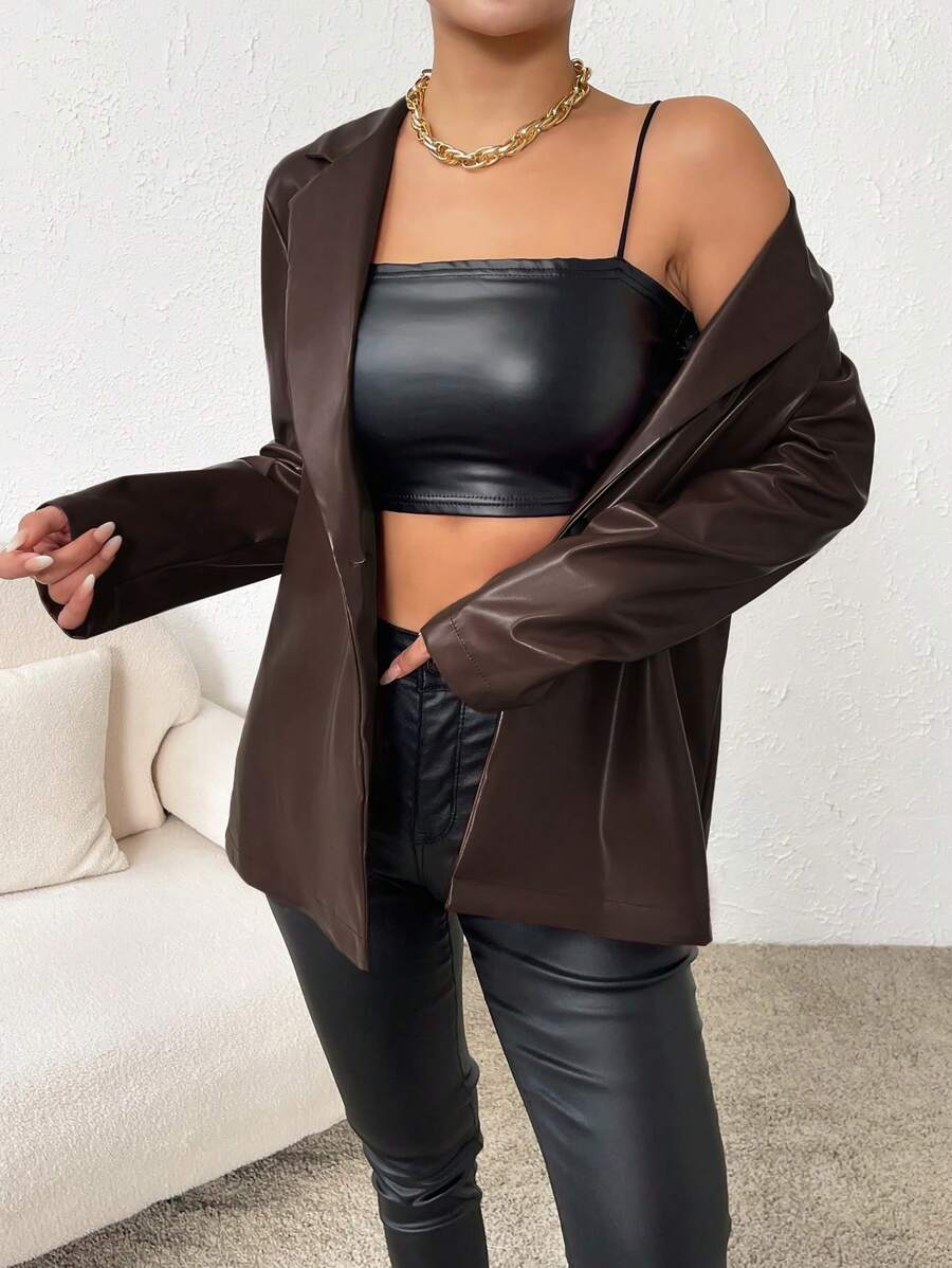 Rotterdam Faux Leather Single Button Oversized Blazer
