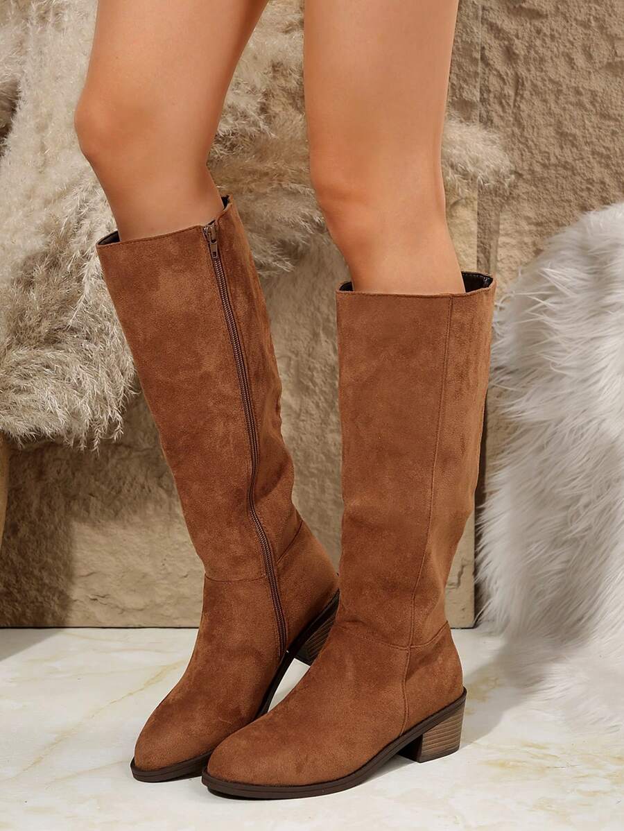 Fall/Winter Plus Size Women's Suede Brown Knee-High Boots With Side Zipper And Chunky Heel,Cowboy Boots Mensa
