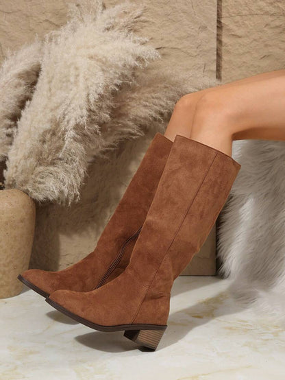 Fall/Winter Plus Size Women's Suede Brown Knee-High Boots With Side Zipper And Chunky Heel,Cowboy Boots Mensa