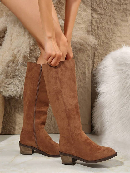 Fall/Winter Plus Size Women's Suede Brown Knee-High Boots With Side Zipper And Chunky Heel,Cowboy Boots Mensa