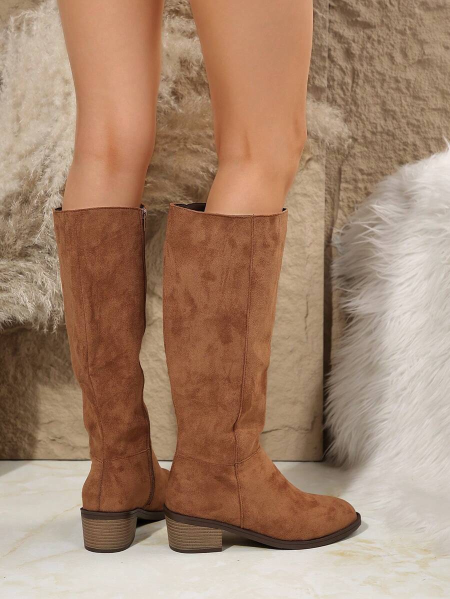 Fall/Winter Plus Size Women's Suede Brown Knee-High Boots With Side Zipper And Chunky Heel,Cowboy Boots Mensa