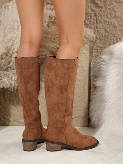 Fall/Winter Plus Size Women's Suede Brown Knee-High Boots With Side Zipper And Chunky Heel,Cowboy Boots Mensa