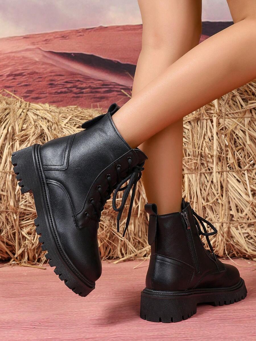 2026 Spring/Autumn/Winter New Women's Shoes, Winter Warm Women's Boots, Fashion Versatile Casual Women's Shoes, Black/White Ankle Boots With Lace-Up And Side Zipper, Flat Women's Boots, Women's Ankle Boots And Ankle Boots, Women's Fashion Boots, College S Mensa