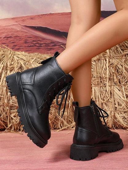 2026 Spring/Autumn/Winter New Women's Shoes, Winter Warm Women's Boots, Fashion Versatile Casual Women's Shoes, Black/White Ankle Boots With Lace-Up And Side Zipper, Flat Women's Boots, Women's Ankle Boots And Ankle Boots, Women's Fashion Boots, College S Mensa