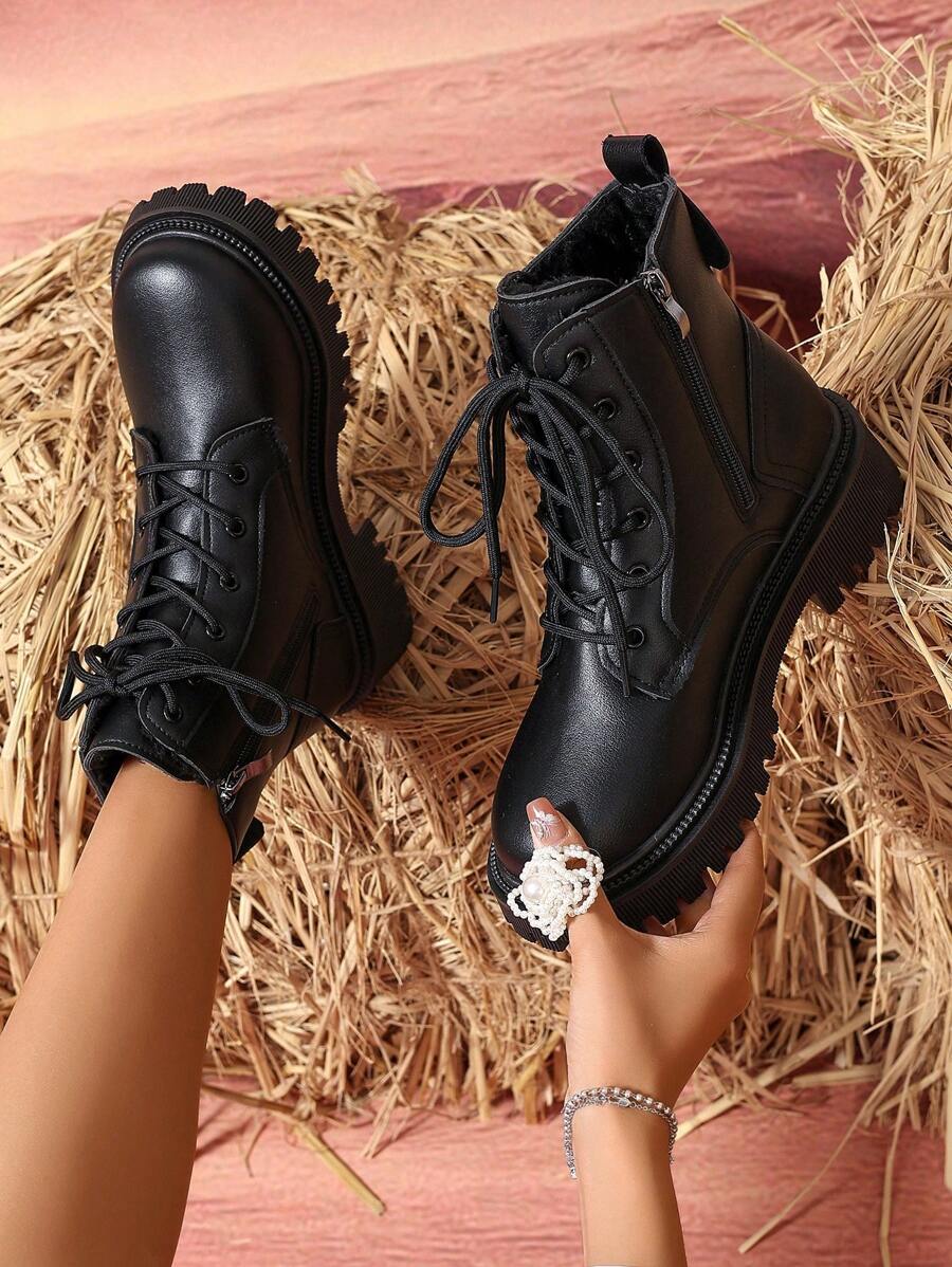 2026 Spring/Autumn/Winter New Women's Shoes, Winter Warm Women's Boots, Fashion Versatile Casual Women's Shoes, Black/White Ankle Boots With Lace-Up And Side Zipper, Flat Women's Boots, Women's Ankle Boots And Ankle Boots, Women's Fashion Boots, College S Mensa
