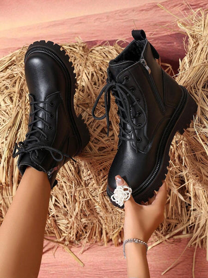 2026 Spring/Autumn/Winter New Women's Shoes, Winter Warm Women's Boots, Fashion Versatile Casual Women's Shoes, Black/White Ankle Boots With Lace-Up And Side Zipper, Flat Women's Boots, Women's Ankle Boots And Ankle Boots, Women's Fashion Boots, College S Mensa