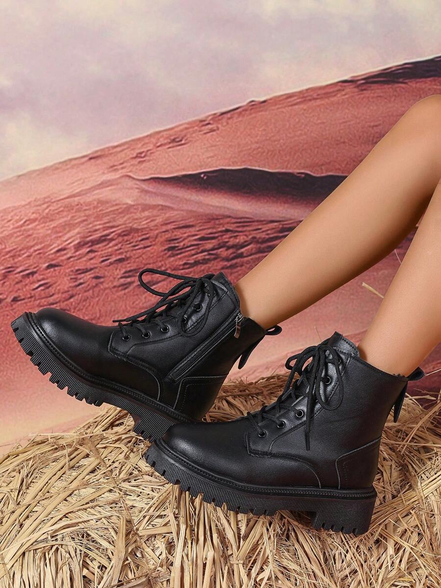 2026 Spring/Autumn/Winter New Women's Shoes, Winter Warm Women's Boots, Fashion Versatile Casual Women's Shoes, Black/White Ankle Boots With Lace-Up And Side Zipper, Flat Women's Boots, Women's Ankle Boots And Ankle Boots, Women's Fashion Boots, College S Mensa
