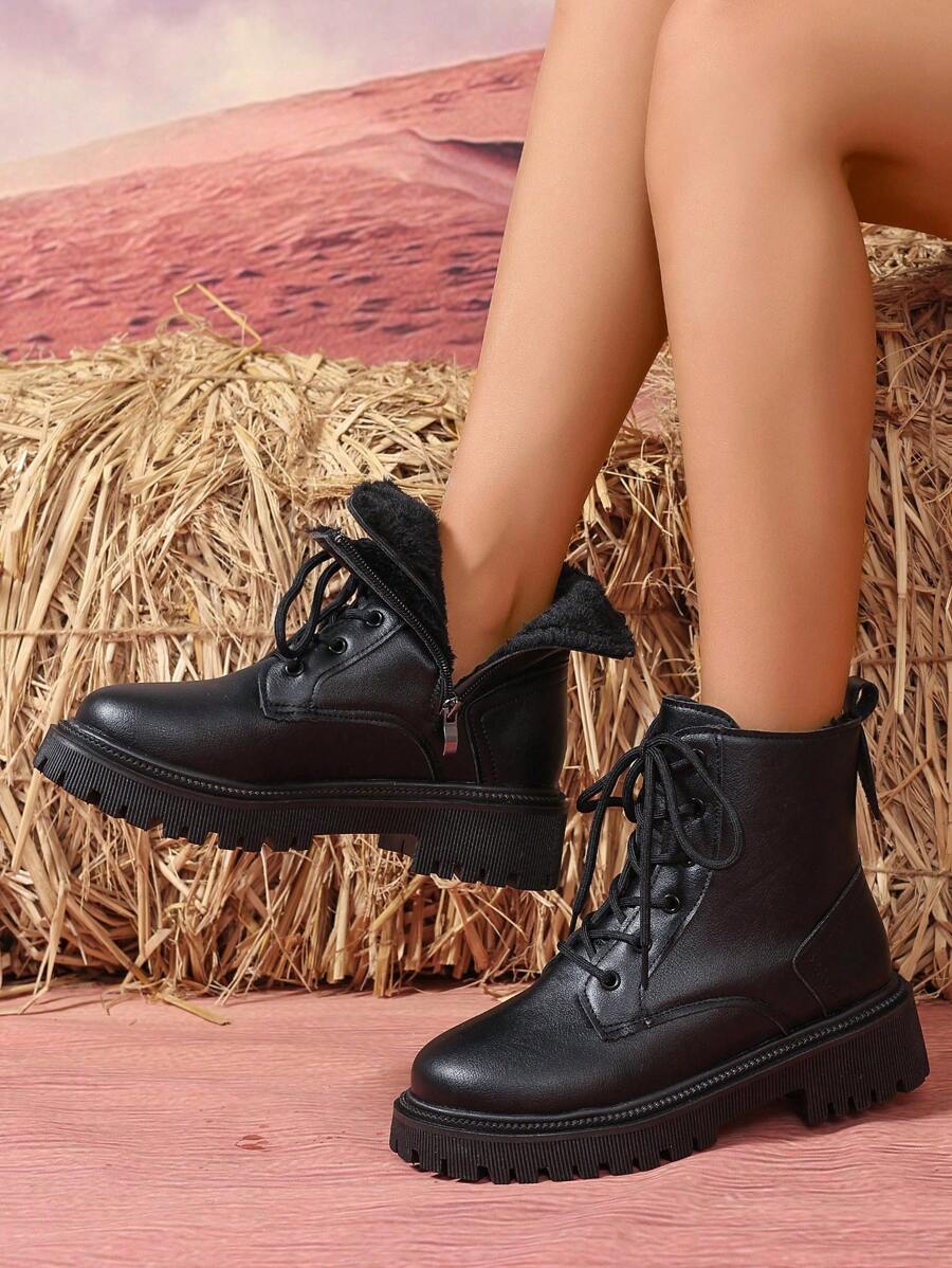 2026 Spring/Autumn/Winter New Women's Shoes, Winter Warm Women's Boots, Fashion Versatile Casual Women's Shoes, Black/White Ankle Boots With Lace-Up And Side Zipper, Flat Women's Boots, Women's Ankle Boots And Ankle Boots, Women's Fashion Boots, College S Mensa