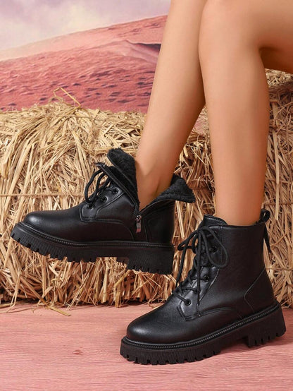 2026 Spring/Autumn/Winter New Women's Shoes, Winter Warm Women's Boots, Fashion Versatile Casual Women's Shoes, Black/White Ankle Boots With Lace-Up And Side Zipper, Flat Women's Boots, Women's Ankle Boots And Ankle Boots, Women's Fashion Boots, College S Mensa