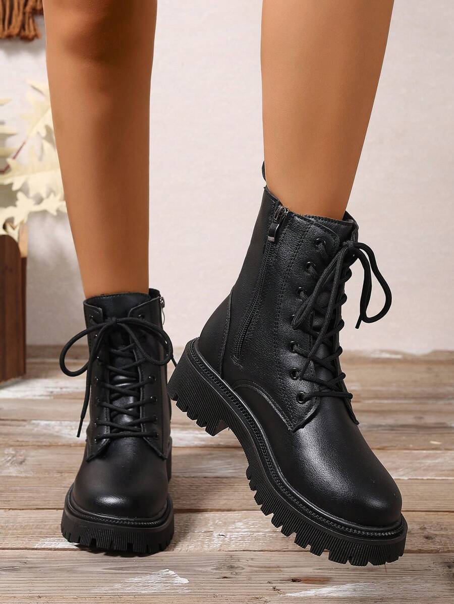 2026 Spring/Autumn/Winter New Women's Shoes, Winter Warm Women's Boots, Fashion Versatile Casual Women's Shoes, Black/White Ankle Boots With Lace-Up And Side Zipper, Flat Women's Boots, Women's Ankle Boots And Ankle Boots, Women's Fashion Boots, College S Mensa