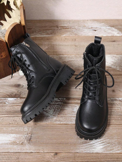 2026 Spring/Autumn/Winter New Women's Shoes, Winter Warm Women's Boots, Fashion Versatile Casual Women's Shoes, Black/White Ankle Boots With Lace-Up And Side Zipper, Flat Women's Boots, Women's Ankle Boots And Ankle Boots, Women's Fashion Boots, College S Mensa