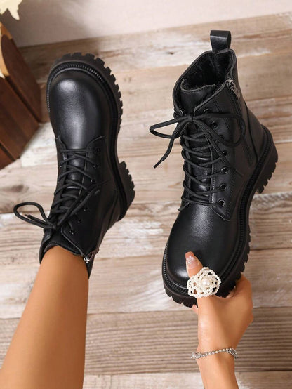 2026 Spring/Autumn/Winter New Women's Shoes, Winter Warm Women's Boots, Fashion Versatile Casual Women's Shoes, Black/White Ankle Boots With Lace-Up And Side Zipper, Flat Women's Boots, Women's Ankle Boots And Ankle Boots, Women's Fashion Boots, College S Mensa