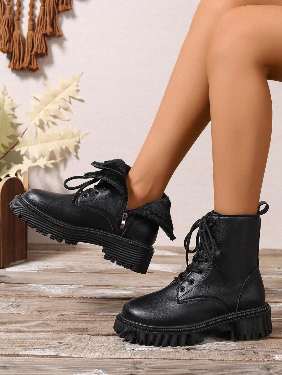 2026 Spring/Autumn/Winter New Women's Shoes, Winter Warm Women's Boots, Fashion Versatile Casual Women's Shoes, Black/White Ankle Boots With Lace-Up And Side Zipper, Flat Women's Boots, Women's Ankle Boots And Ankle Boots, Women's Fashion Boots, College S Mensa