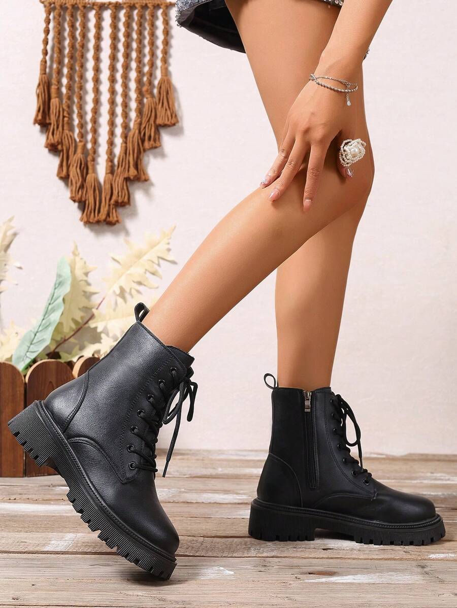 2026 Spring/Autumn/Winter New Women's Shoes, Winter Warm Women's Boots, Fashion Versatile Casual Women's Shoes, Black/White Ankle Boots With Lace-Up And Side Zipper, Flat Women's Boots, Women's Ankle Boots And Ankle Boots, Women's Fashion Boots, College S Mensa
